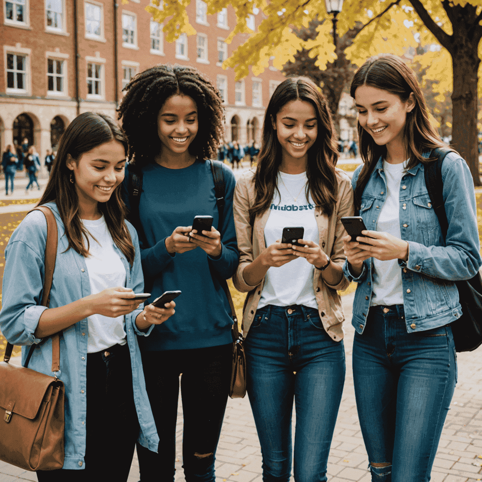 صورة لعرض بطاقة SIM للطلاب، تظهر طلاب يستخدمون هواتفهم في حرم جامعي